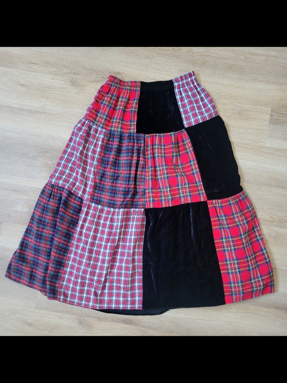 Coldwater Creek Red and Black Plaid Patchwork Maxi Skirt